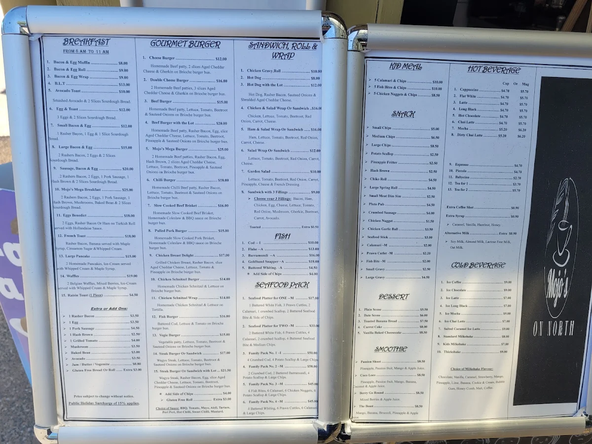 Menu, Mojo's on north
