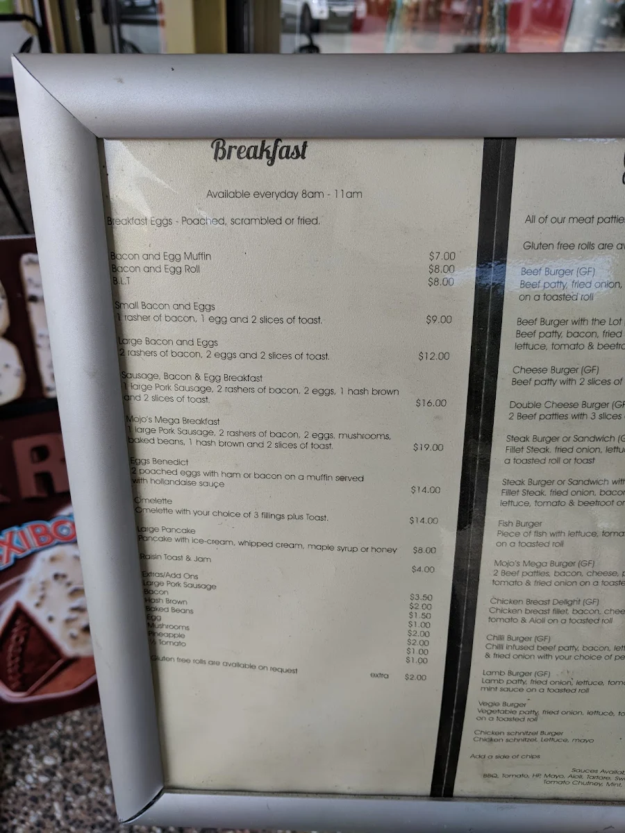 Menu, Mojo's on north