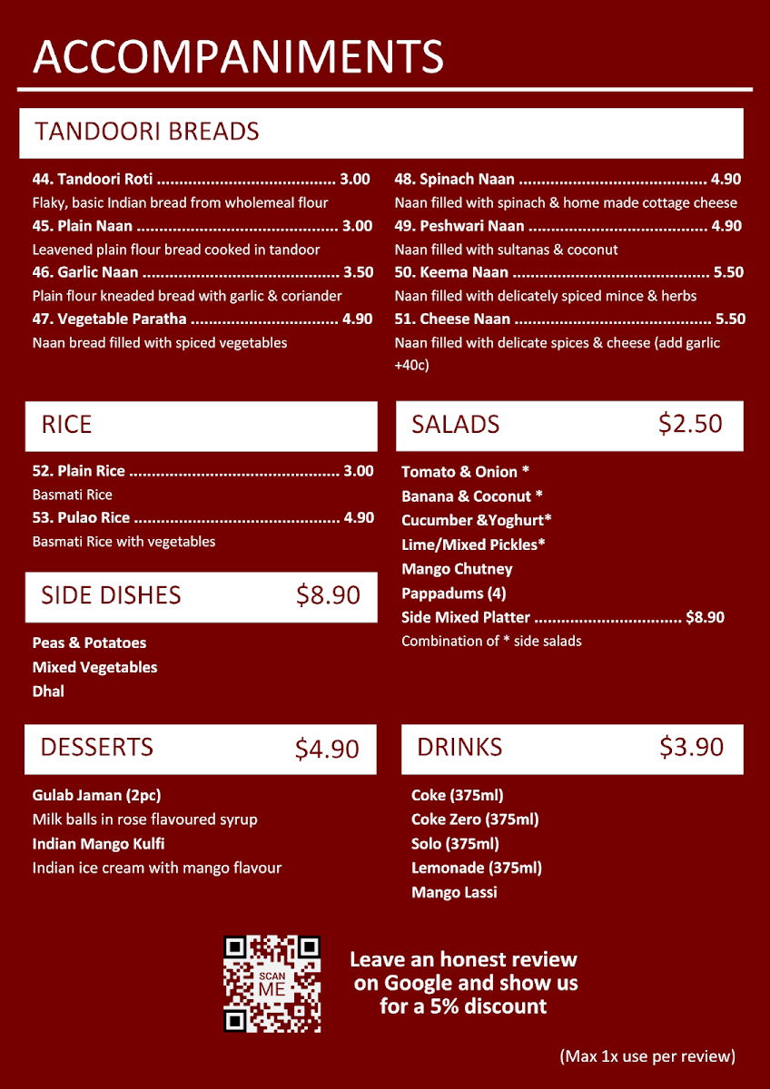 Menu, Mand's Indian Restaurant