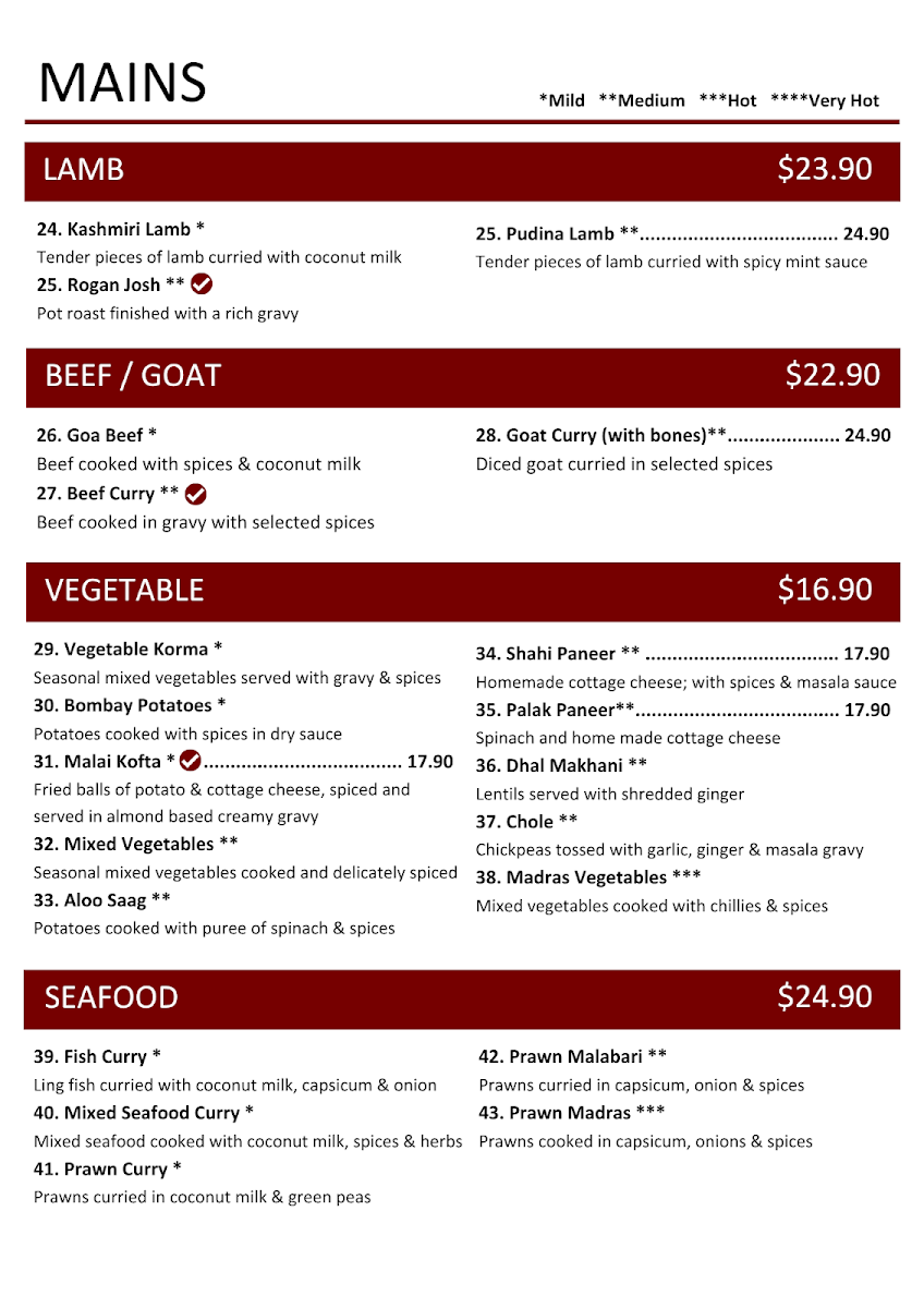Menu, Mand's Indian Restaurant