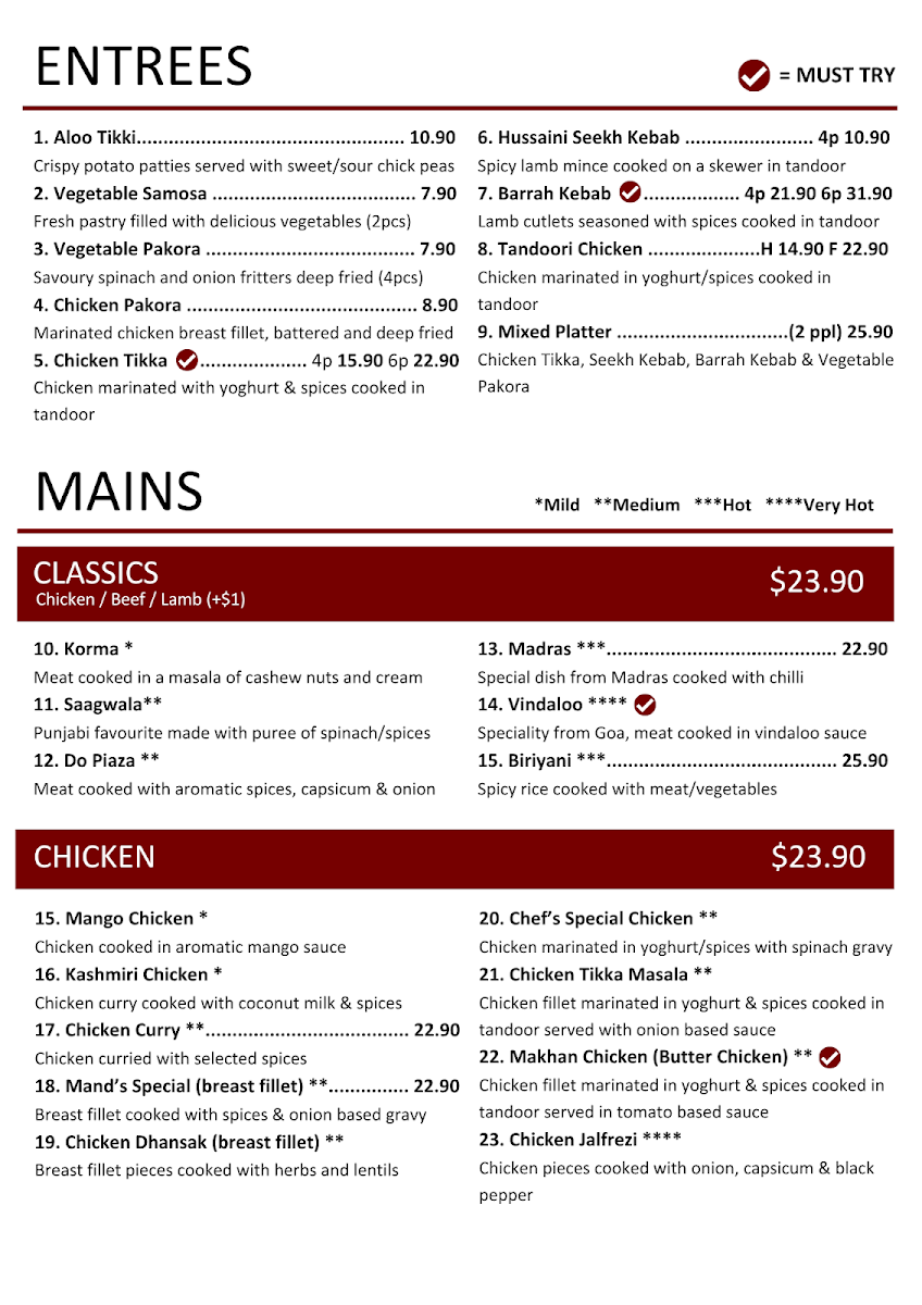 Menu, Mand's Indian Restaurant