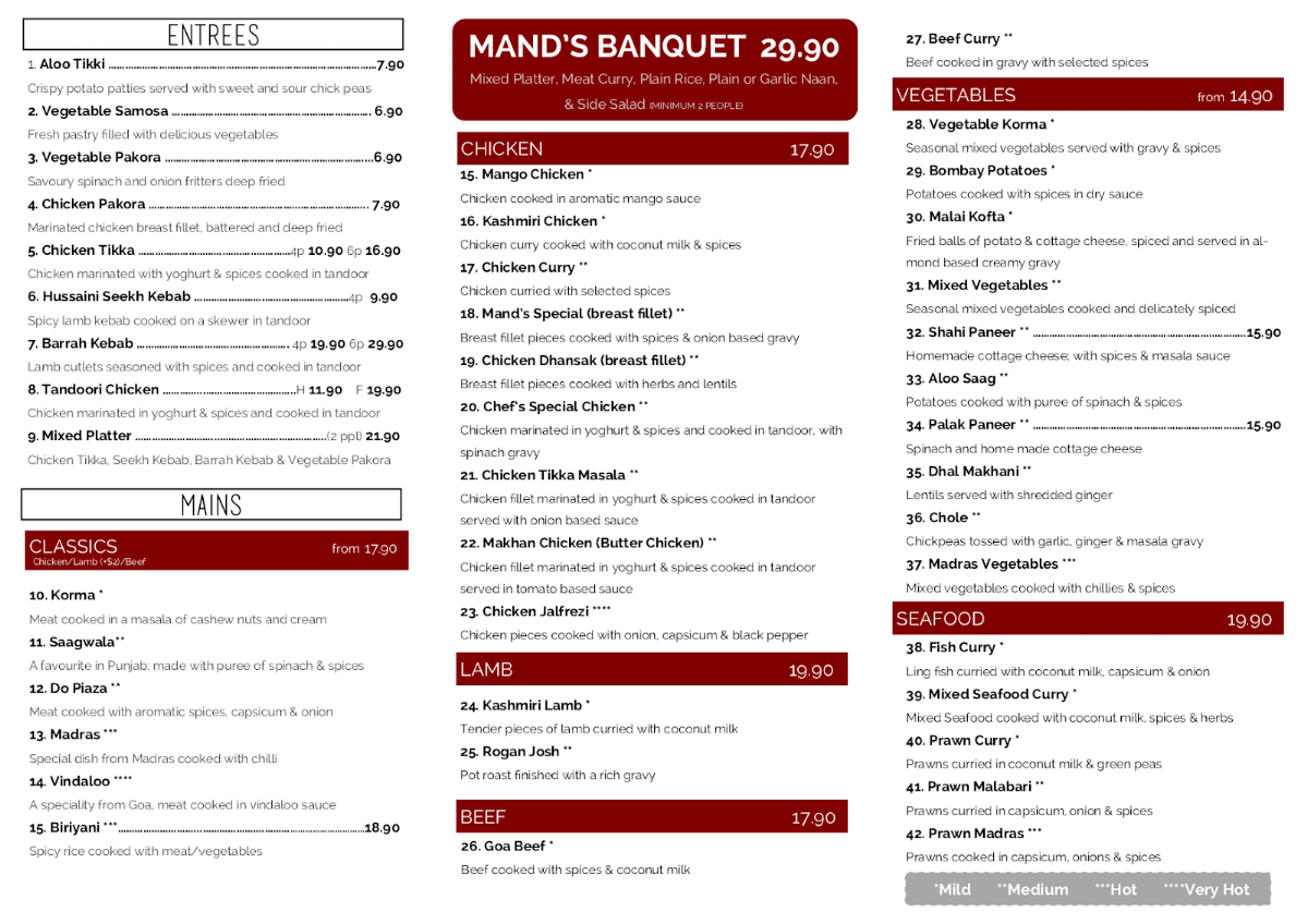 Menu, Mand's Indian Restaurant