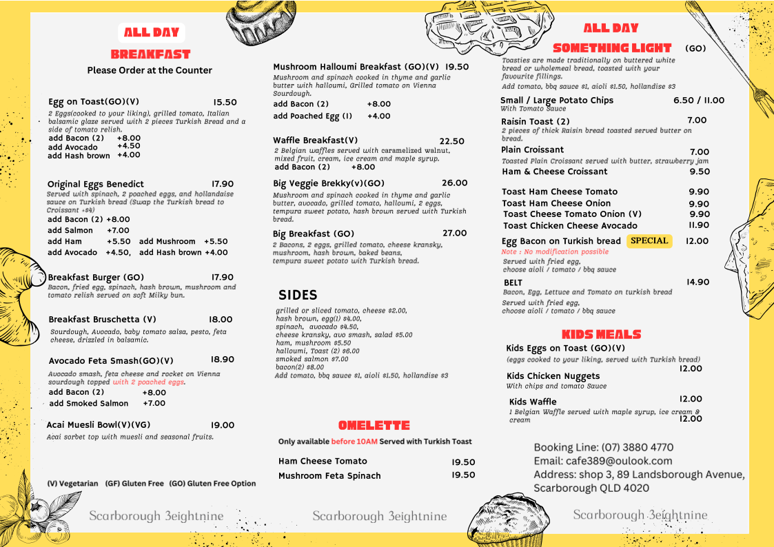 Menu, Cafe 3 Eight Nine