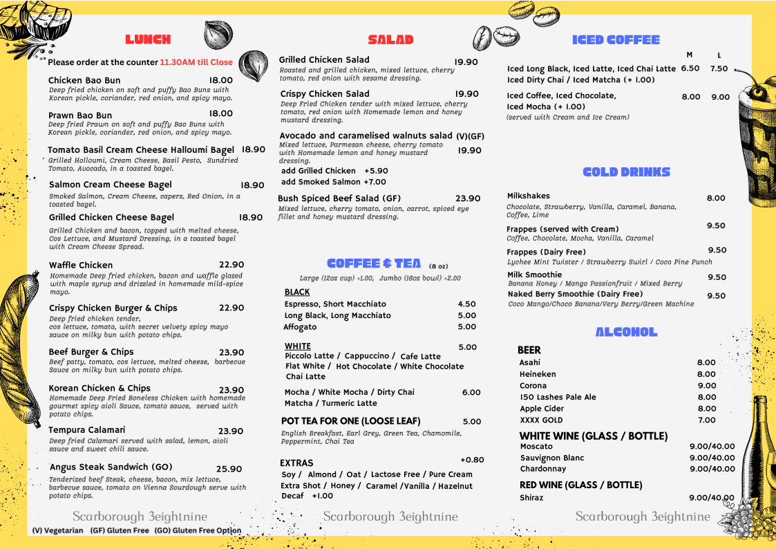 Menu, Cafe 3 Eight Nine