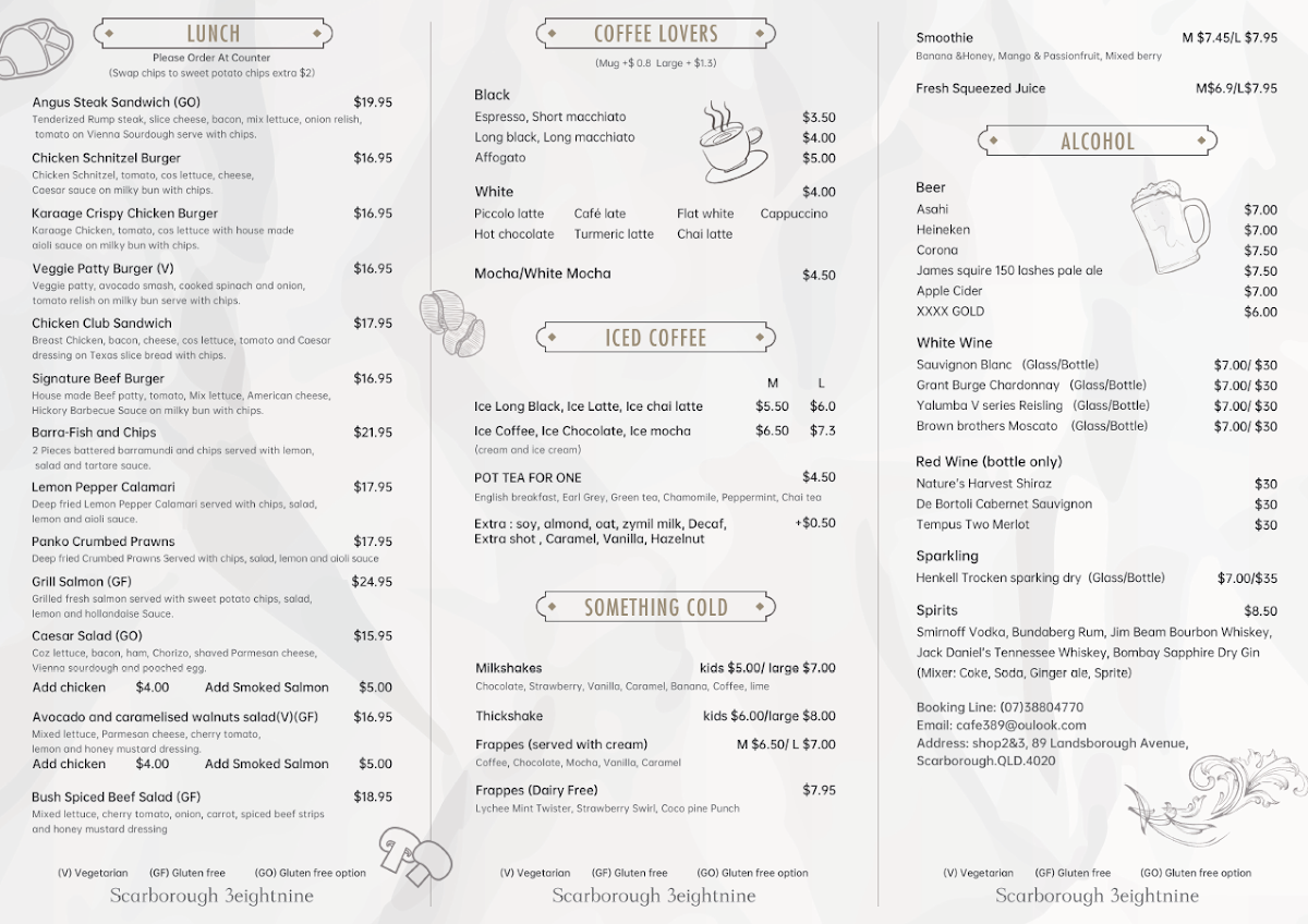Menu, Cafe 3 Eight Nine