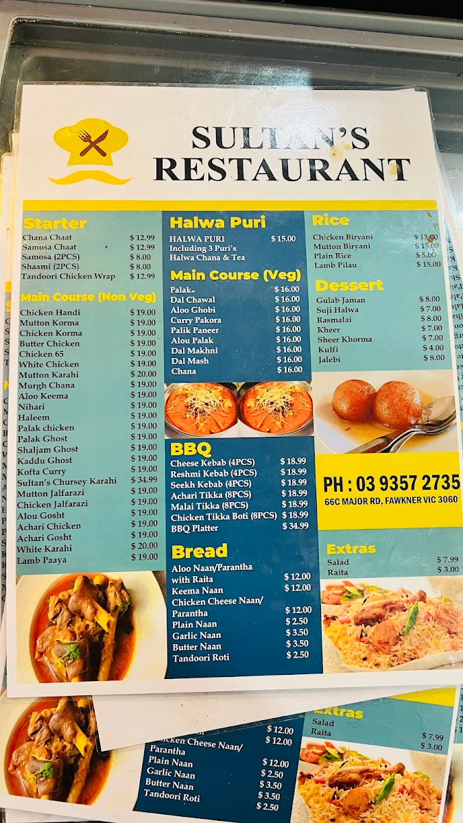 Menu, Sultan's Restaurant