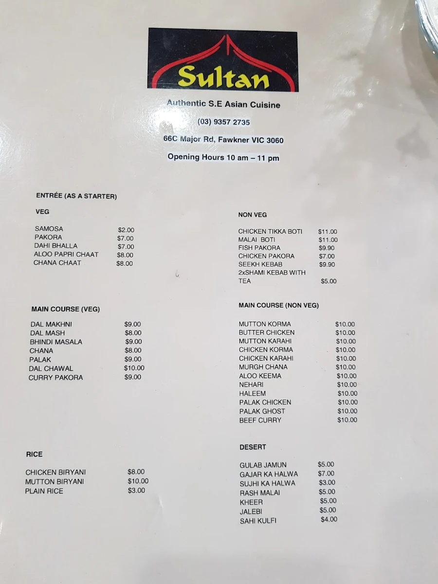 Menu, Sultan's Restaurant