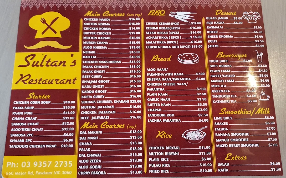 Menu, Sultan's Restaurant