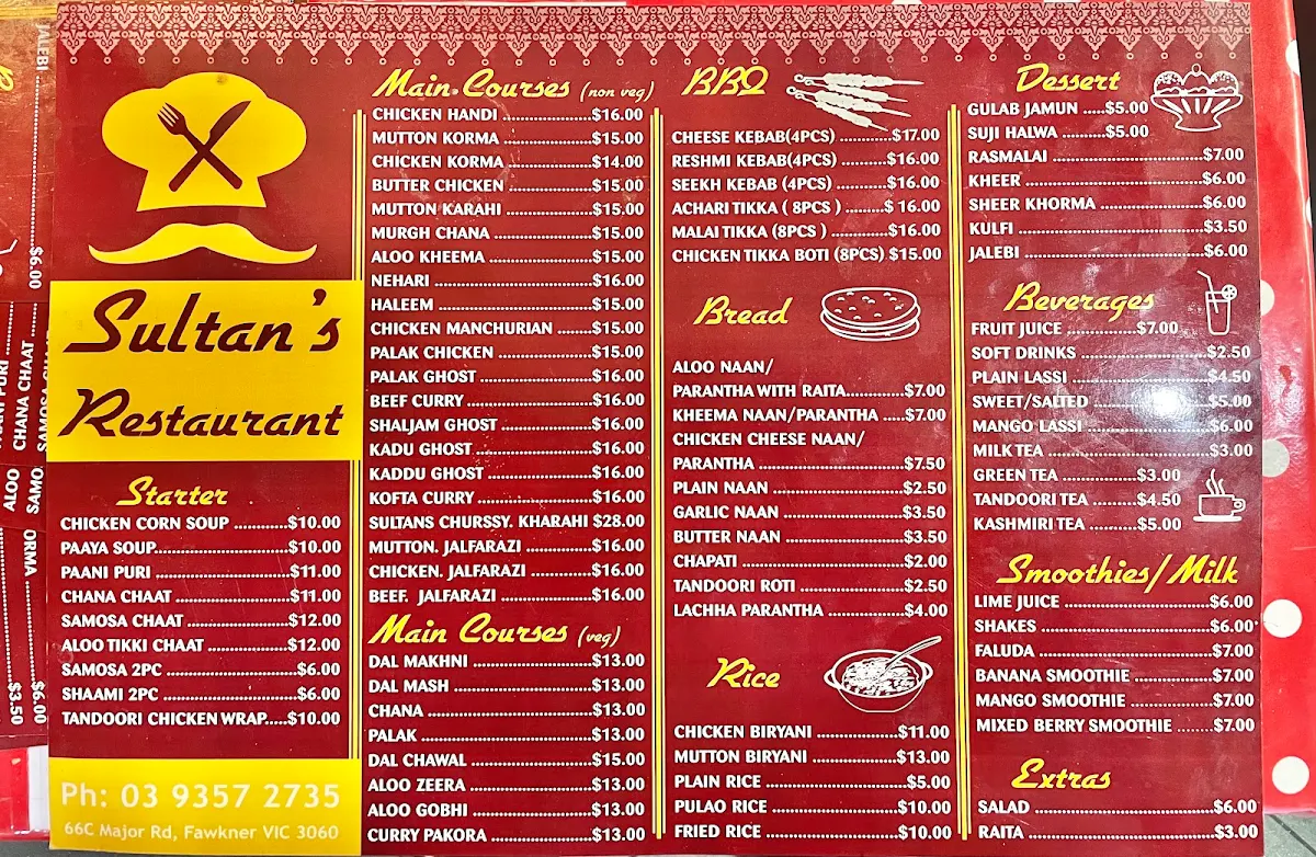 Menu, Sultan's Restaurant