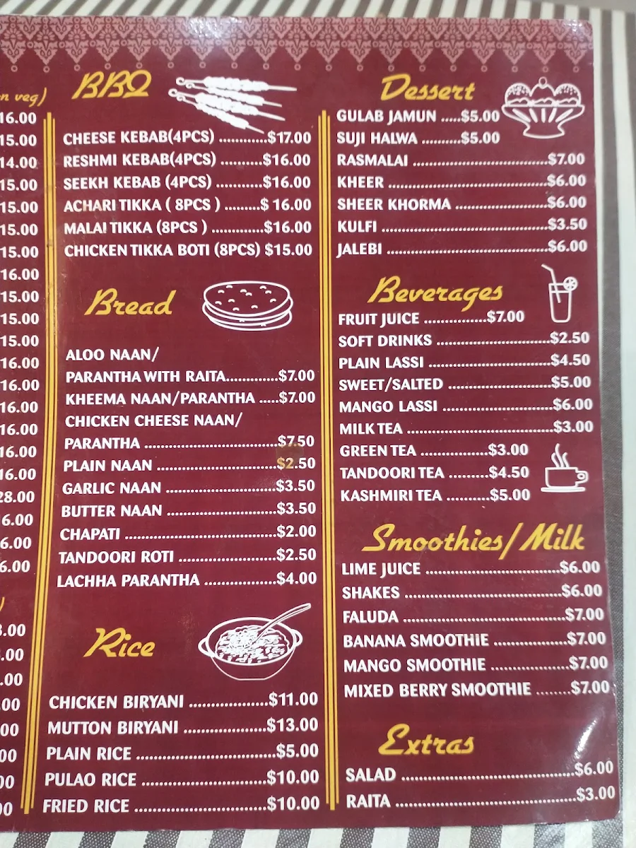 Menu, Sultan's Restaurant