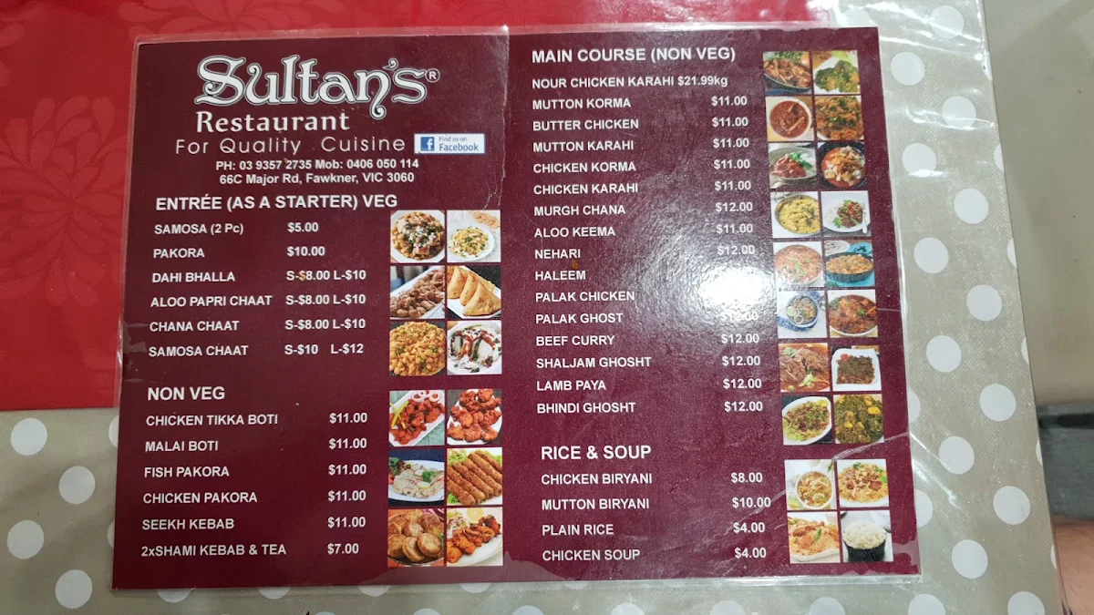 Menu, Sultan's Restaurant