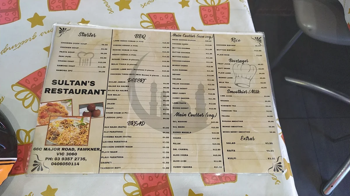Menu, Sultan's Restaurant