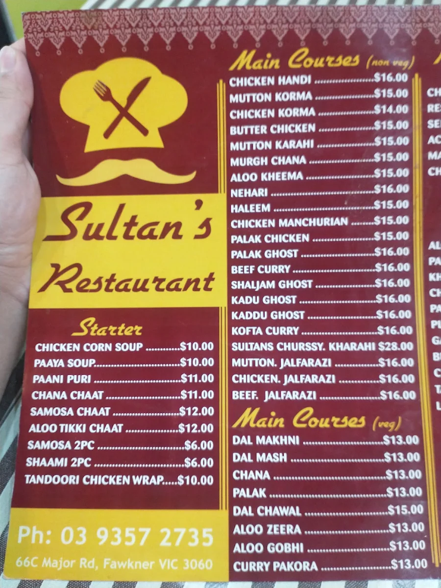 Menu, Sultan's Restaurant