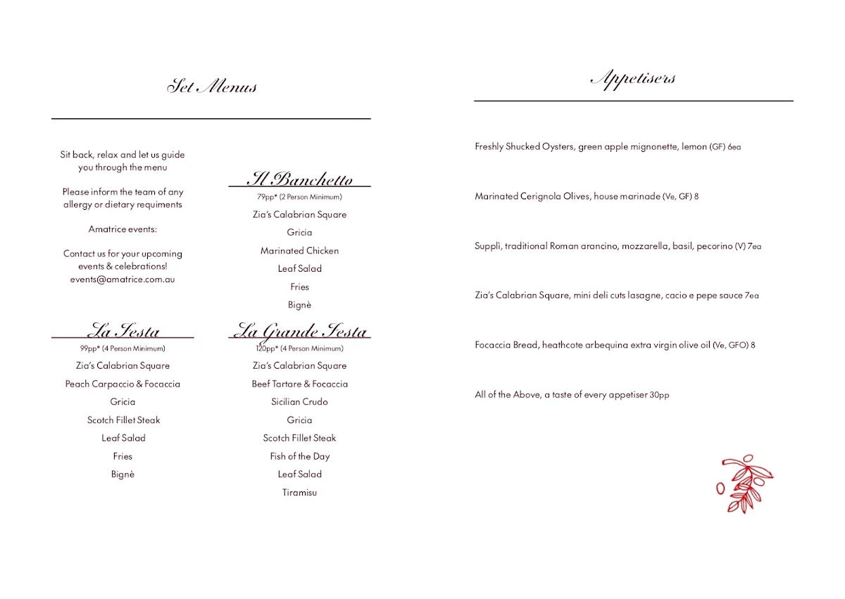Menu, Amatrice Rooftop Restaurant