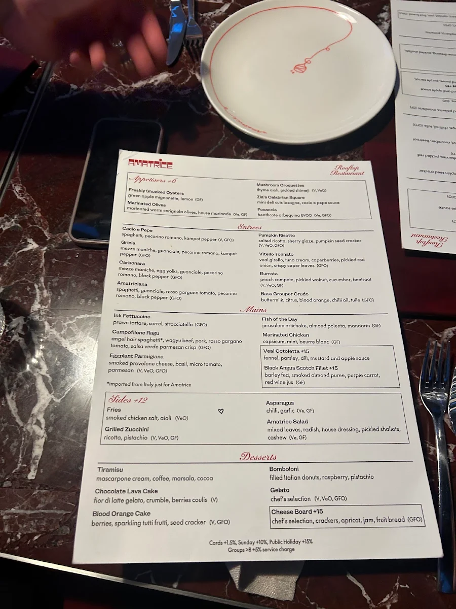 Menu, Amatrice Rooftop Restaurant