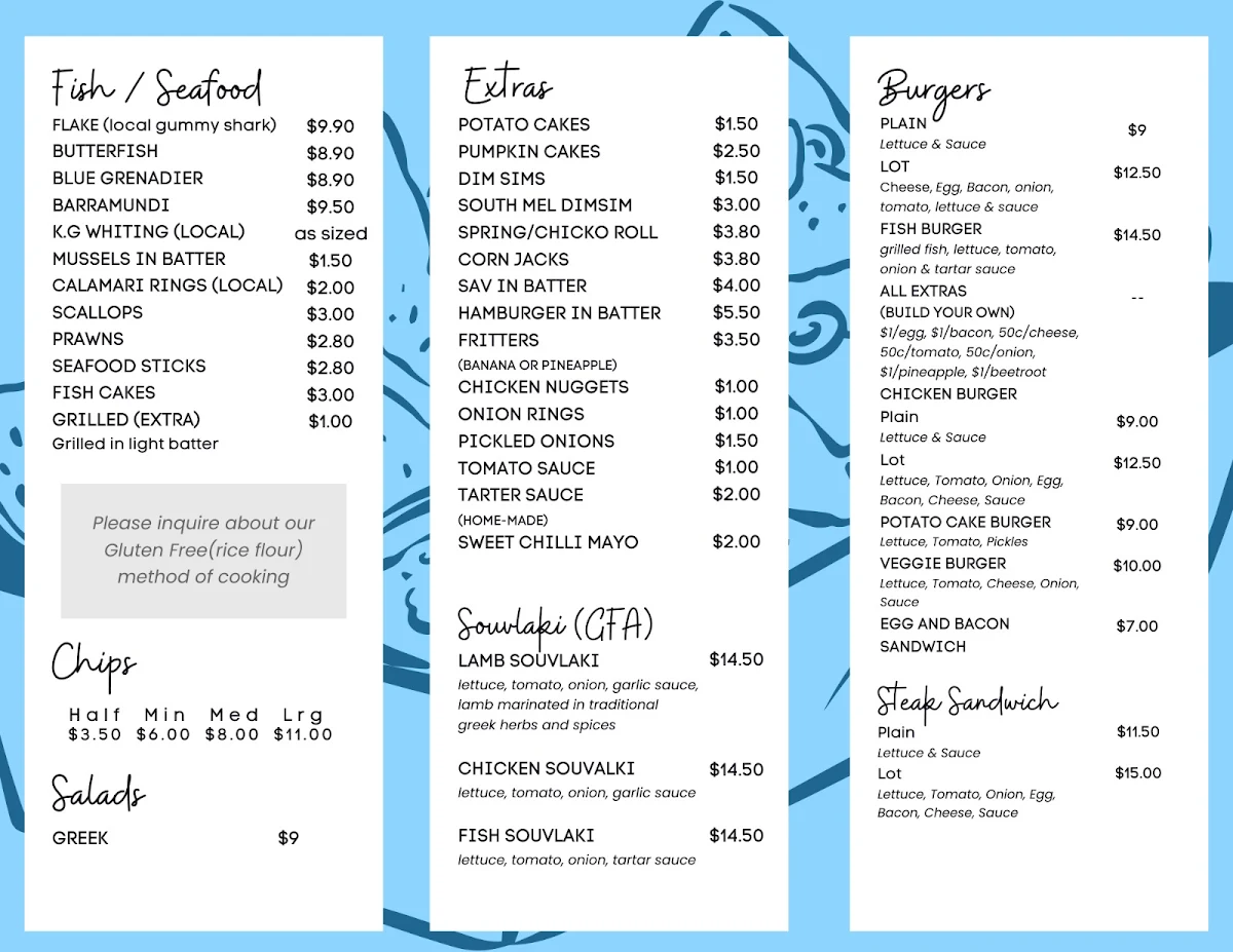 Menu, Nicko's Fish & Chips Ocean Grove