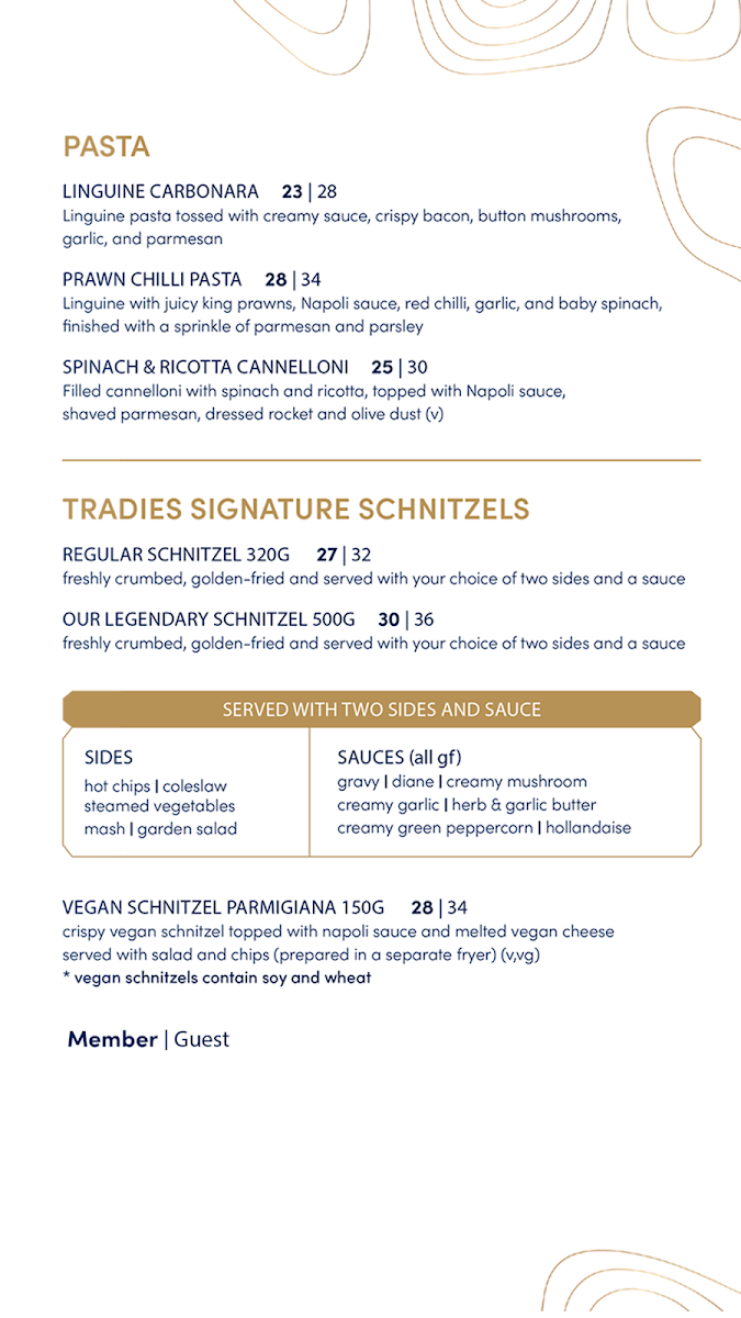 Menu, Essence at The Tradies