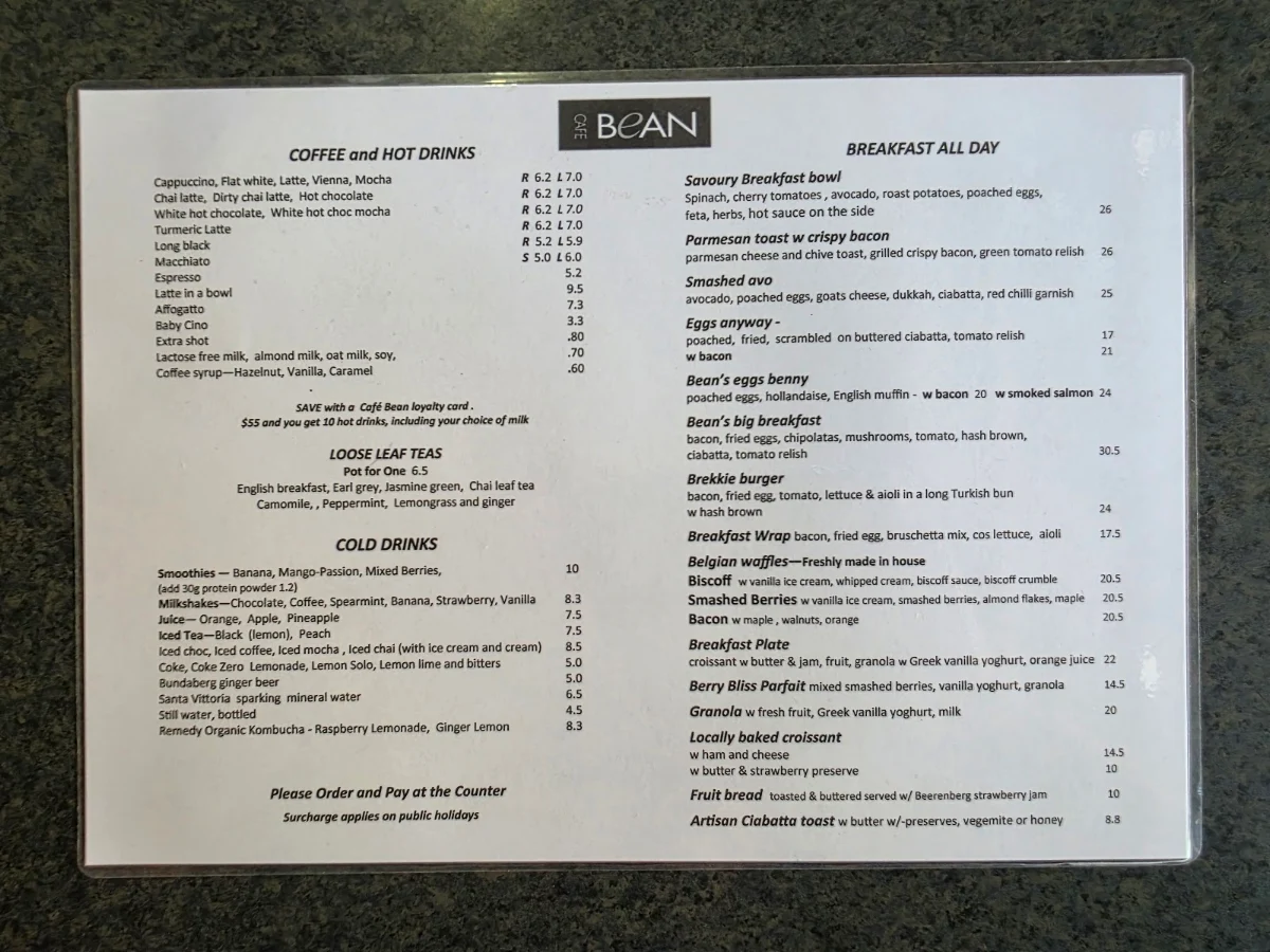 Menu, Cafe Bean