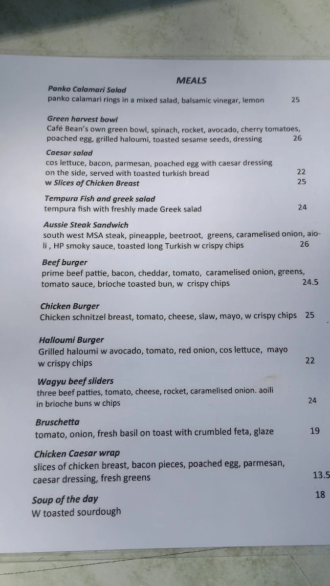 Menu, Cafe Bean