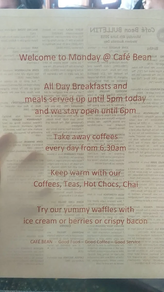 Menu, Cafe Bean