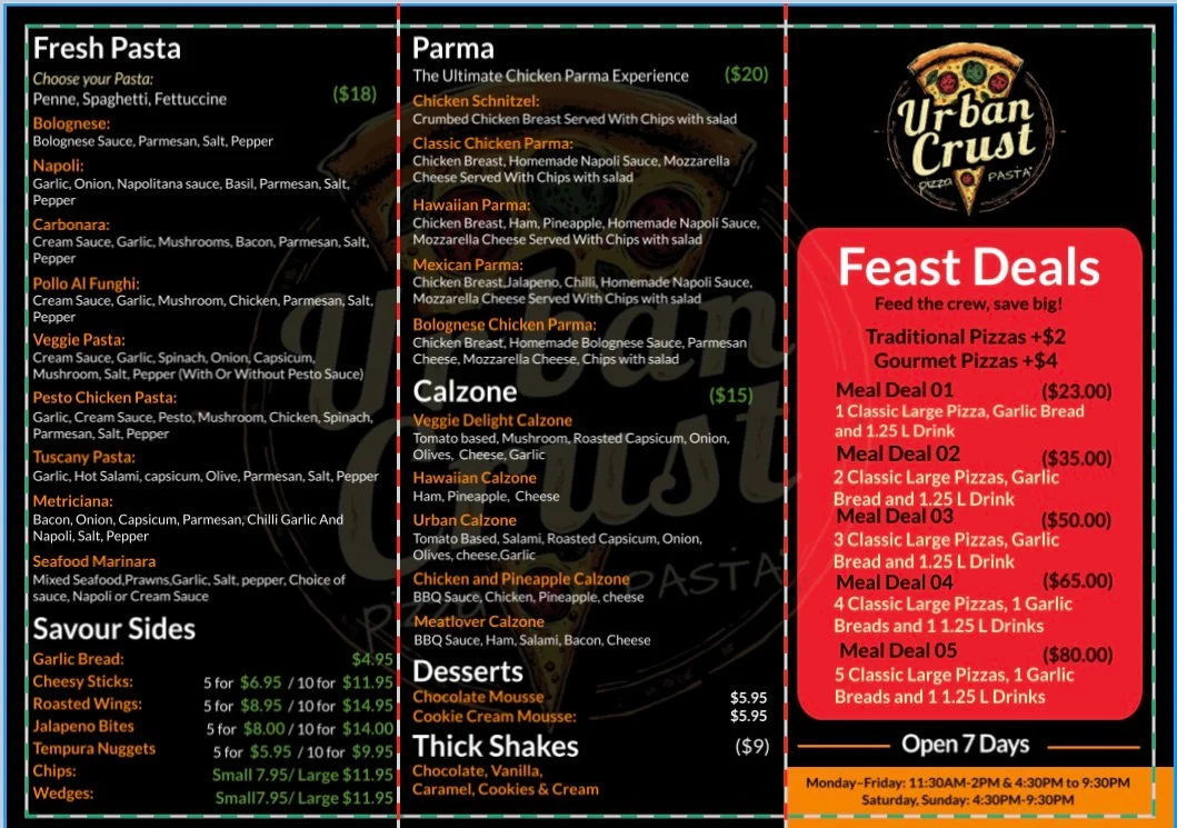 Menu, Urban Crust Pizza and Pasta