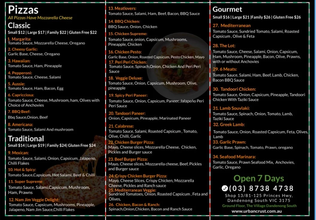 Menu, Urban Crust Pizza and Pasta