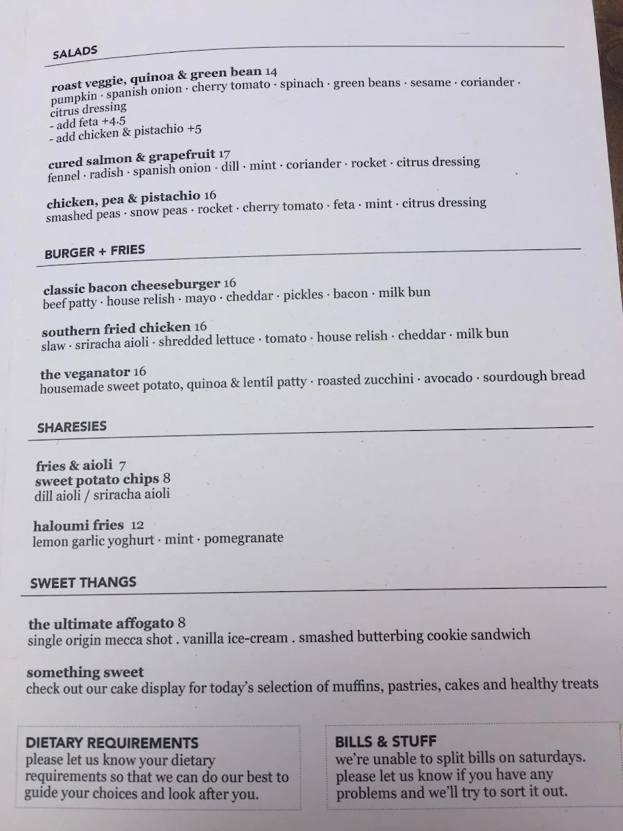 Menu, Hunter's Corner