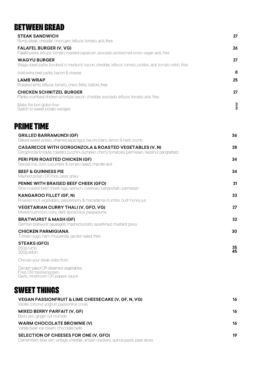 Menu, Faraday's Perth