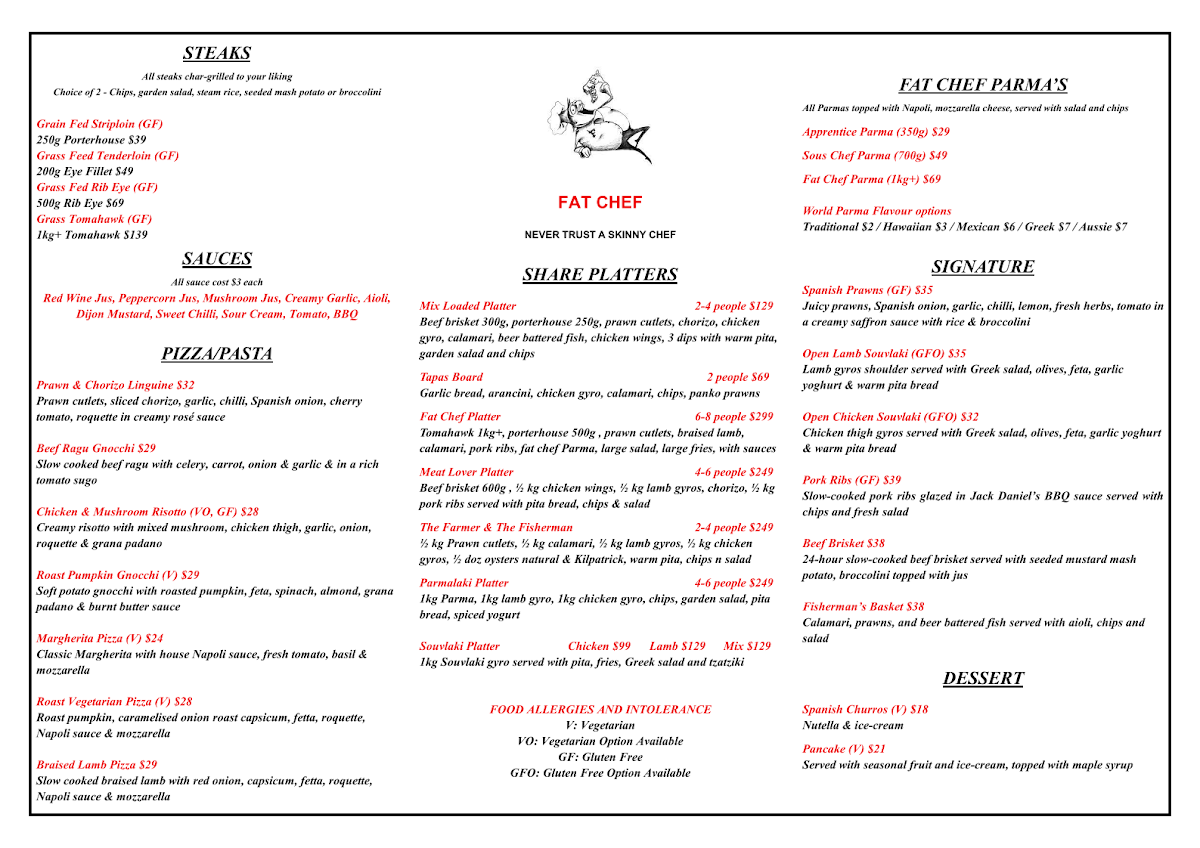 Menu, FAT CHEF FOREST HILL
