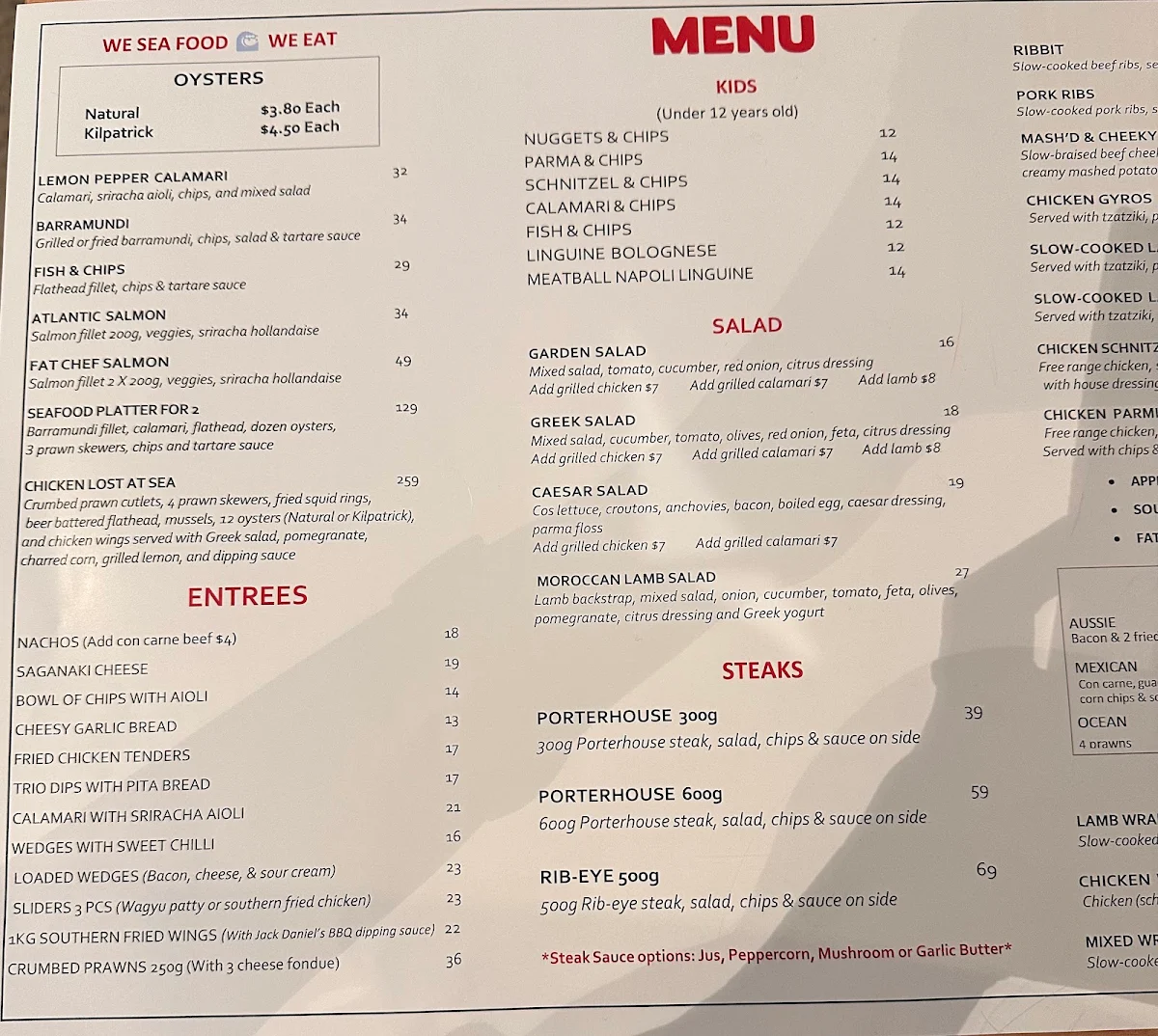 Menu, FAT CHEF FOREST HILL