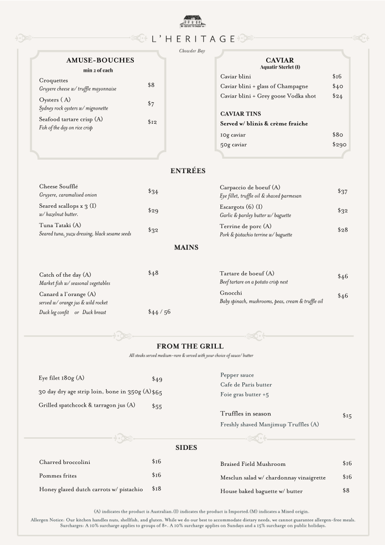 Menu, French Restaurant L'Héritage