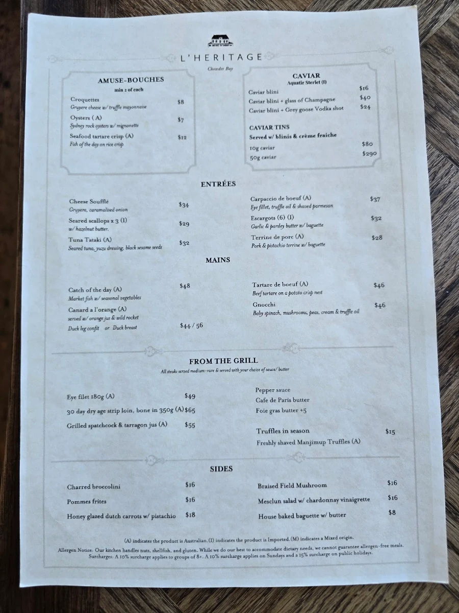 Menu, French Restaurant L'Héritage