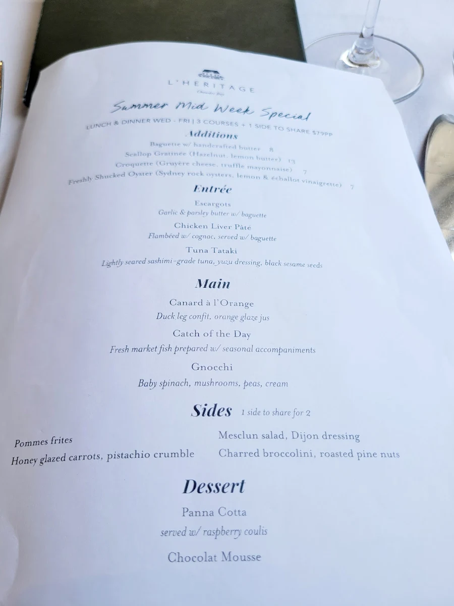 Menu, French Restaurant L'Héritage