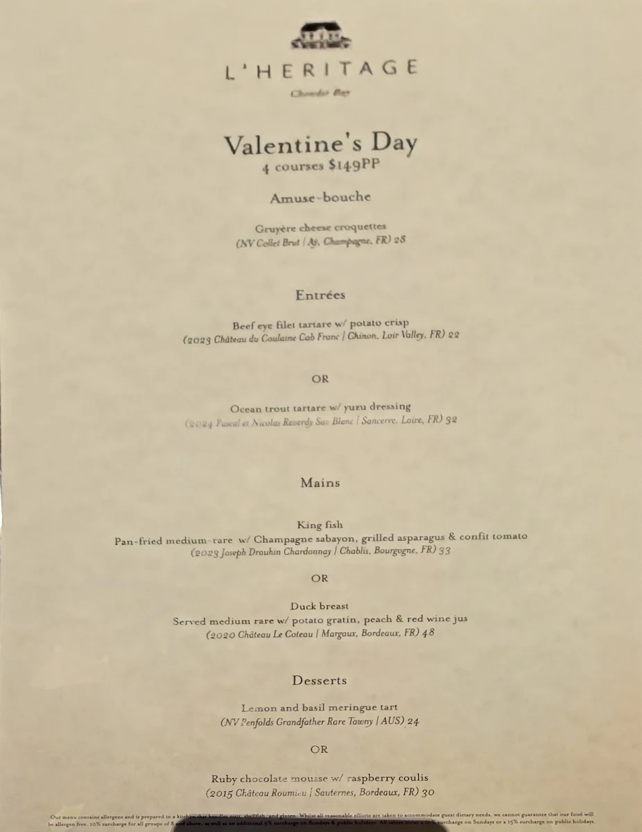Menu, French Restaurant L'Héritage