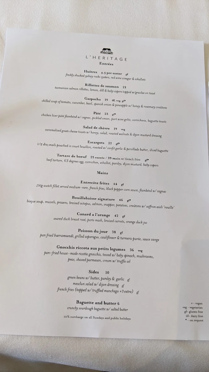 Menu, French Restaurant L'Héritage