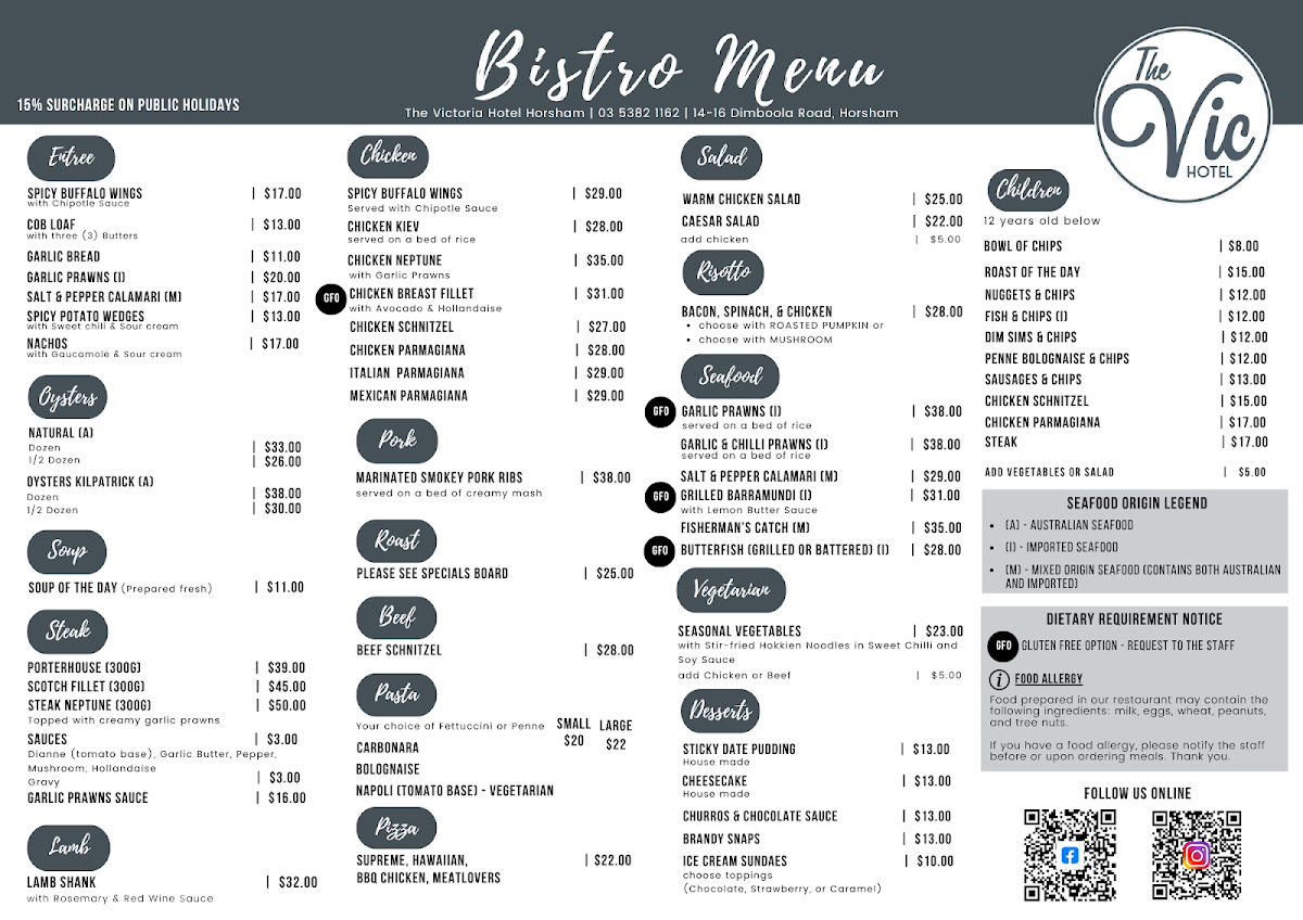 Menu, The Victoria Hotel Horsham