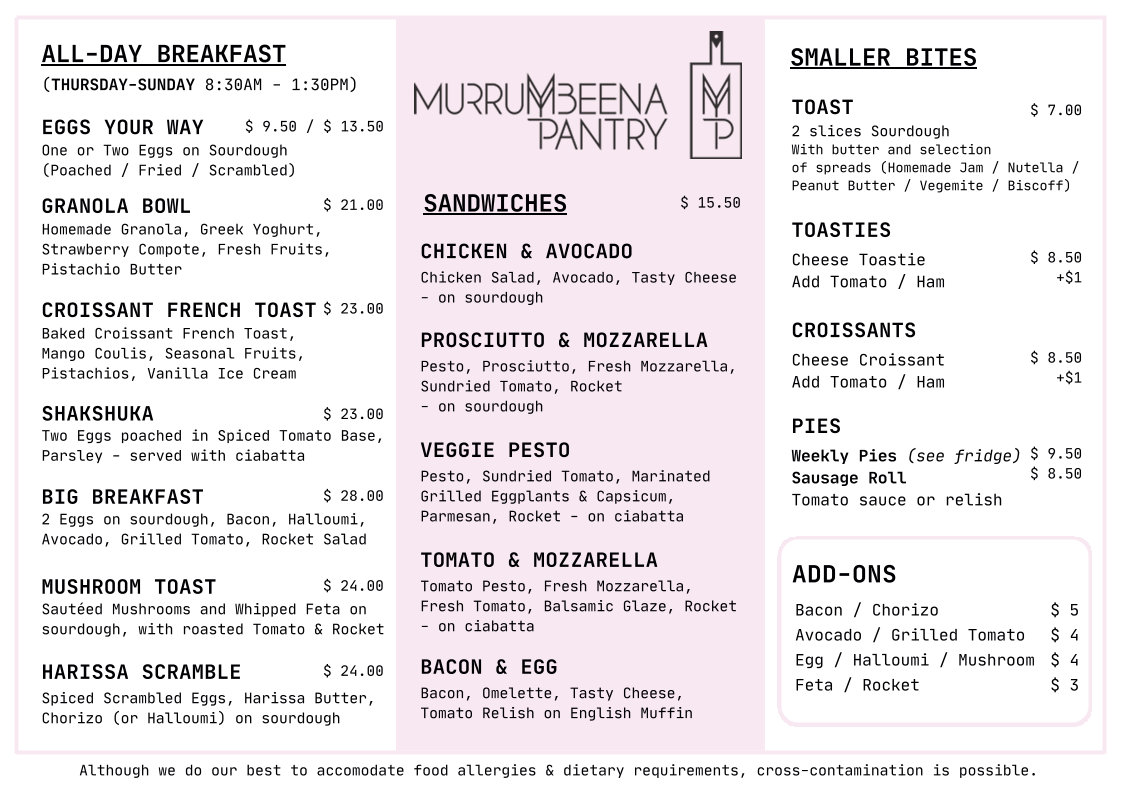 Menu, Murrumbeena Pantry