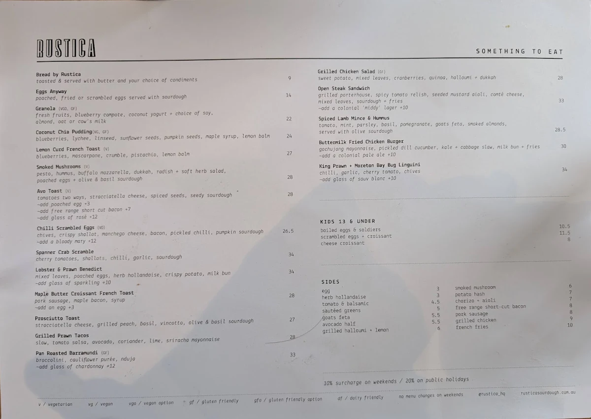 Menu, Rustica Sourdough