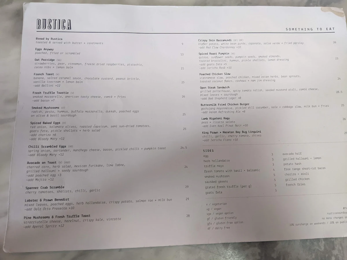 Menu, Rustica Sourdough