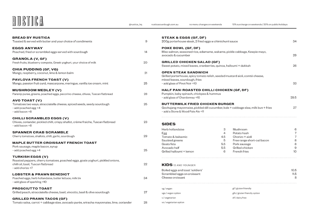 Menu, Rustica Sourdough