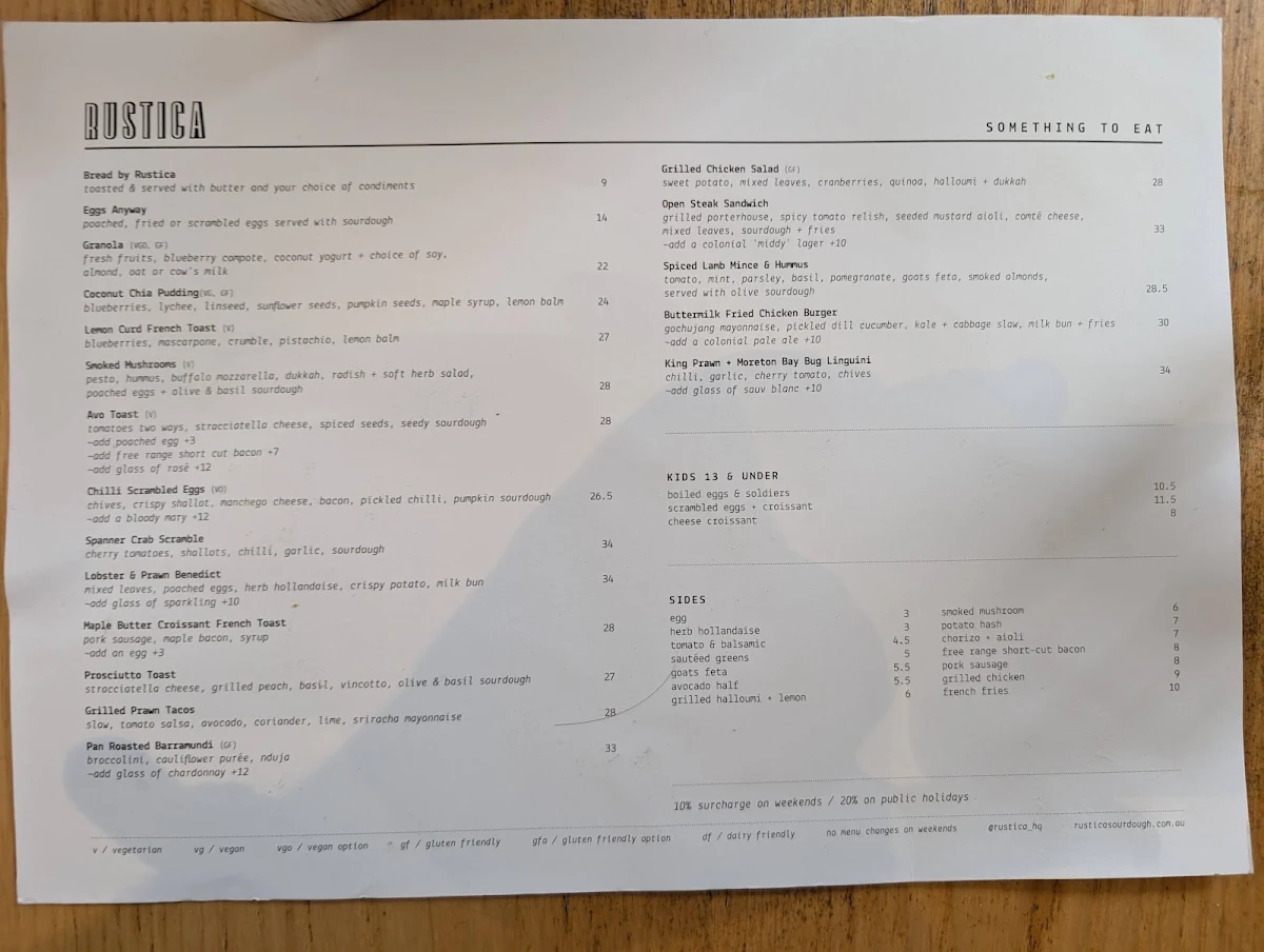 Menu, Rustica Sourdough