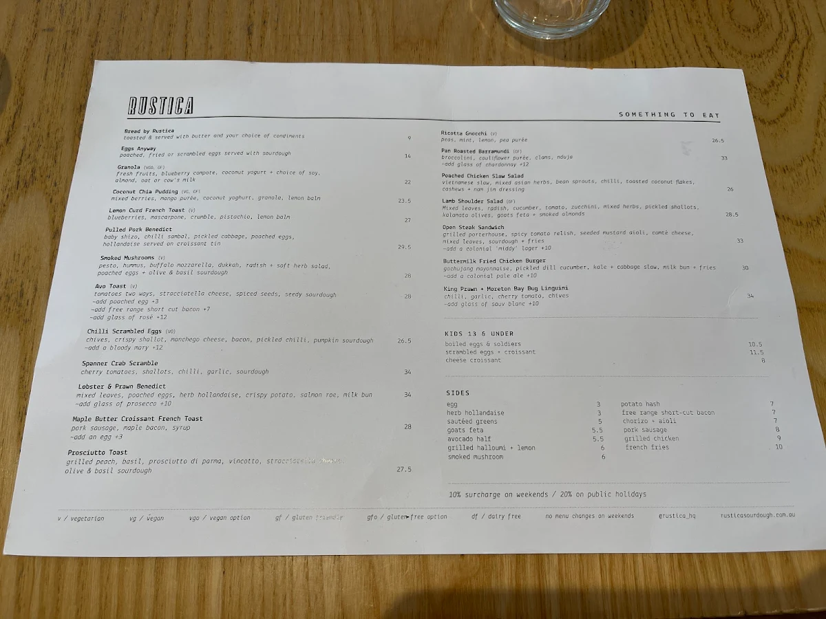 Menu, Rustica Sourdough