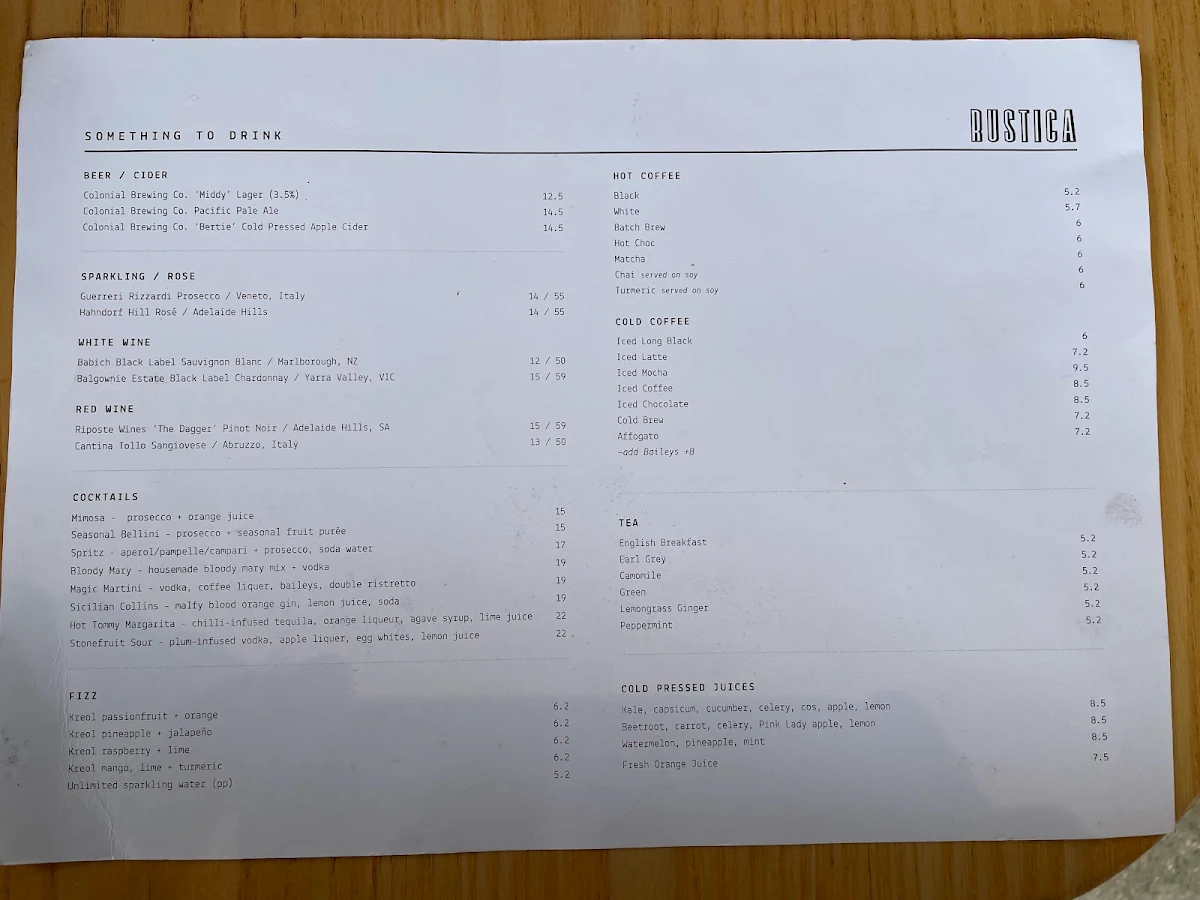 Menu, Rustica Sourdough