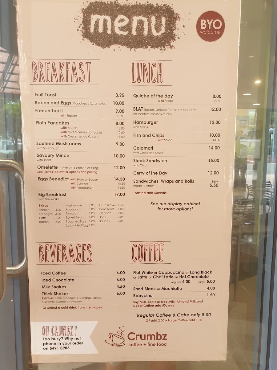 Menu, Crumbz at Centrepoint