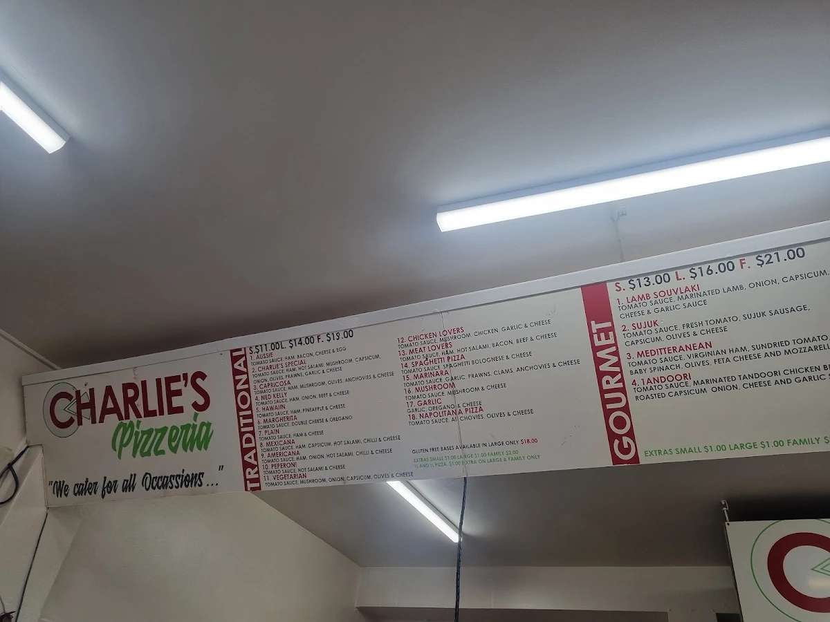 Menu, Charlie's Pizzeria