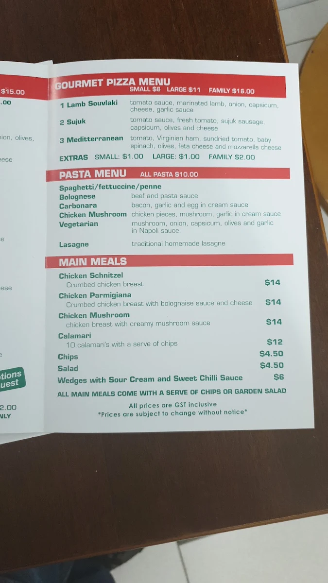 Menu, Charlie's Pizzeria