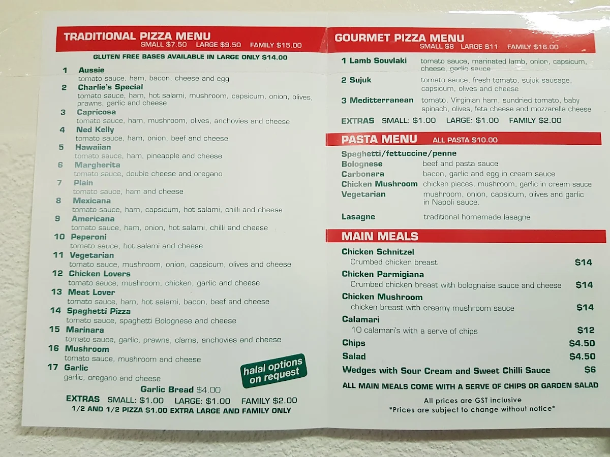 Menu, Charlie's Pizzeria