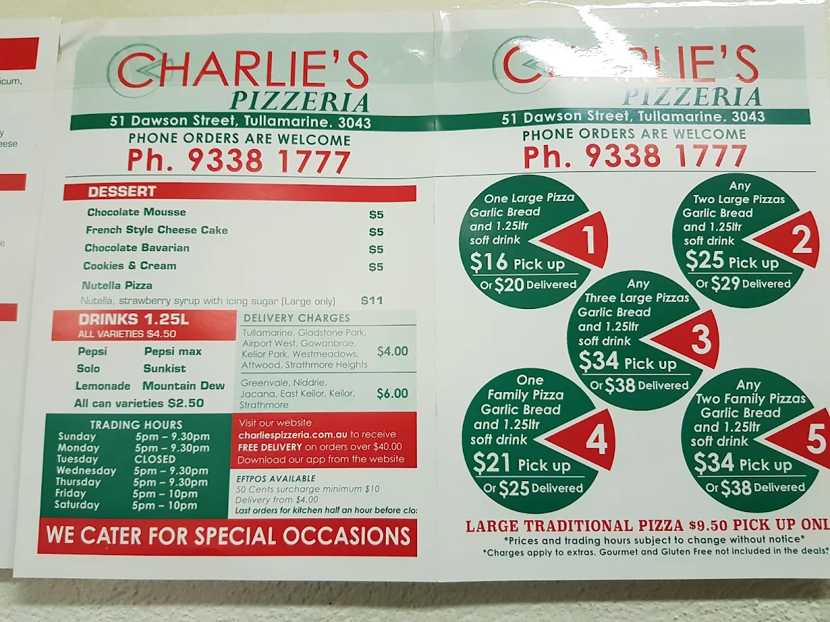 Menu, Charlie's Pizzeria