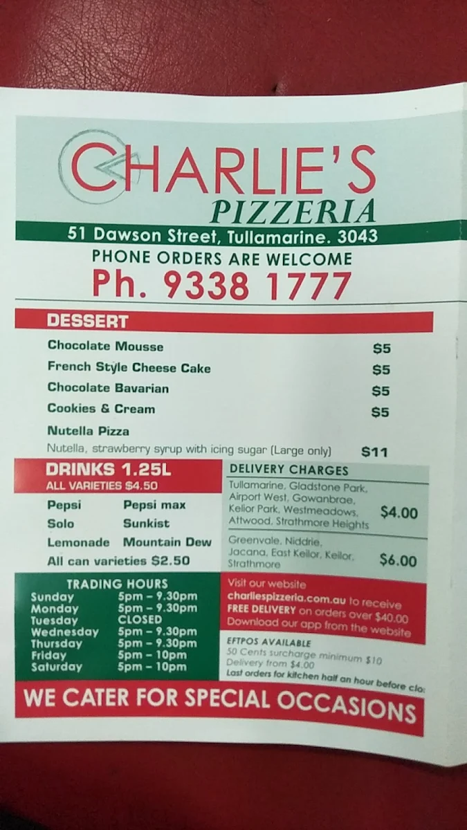 Menu, Charlie's Pizzeria