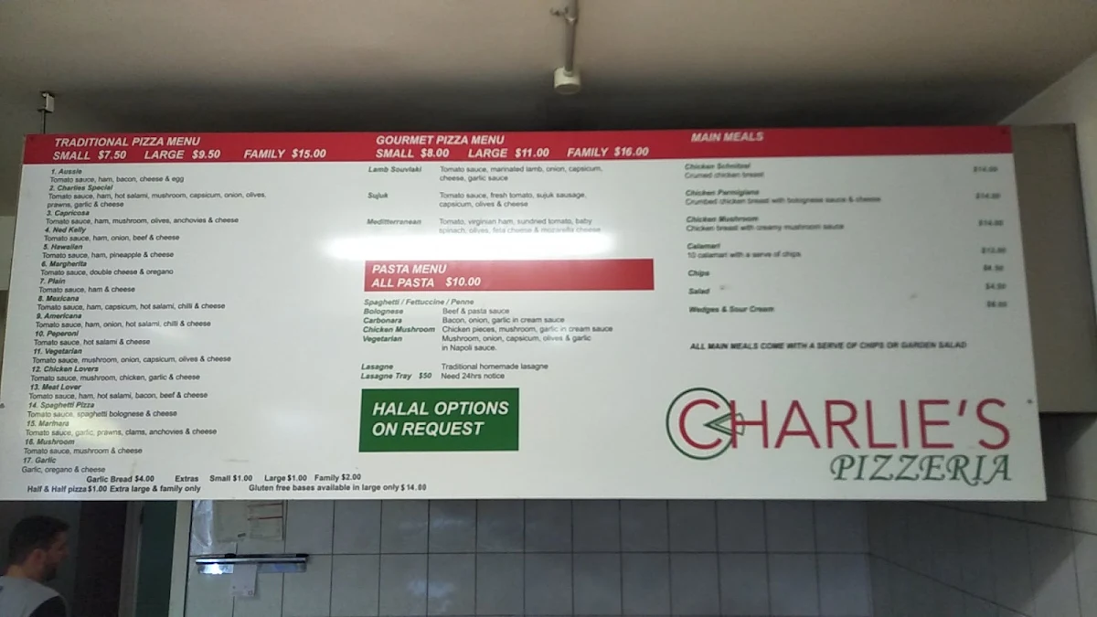 Menu, Charlie's Pizzeria